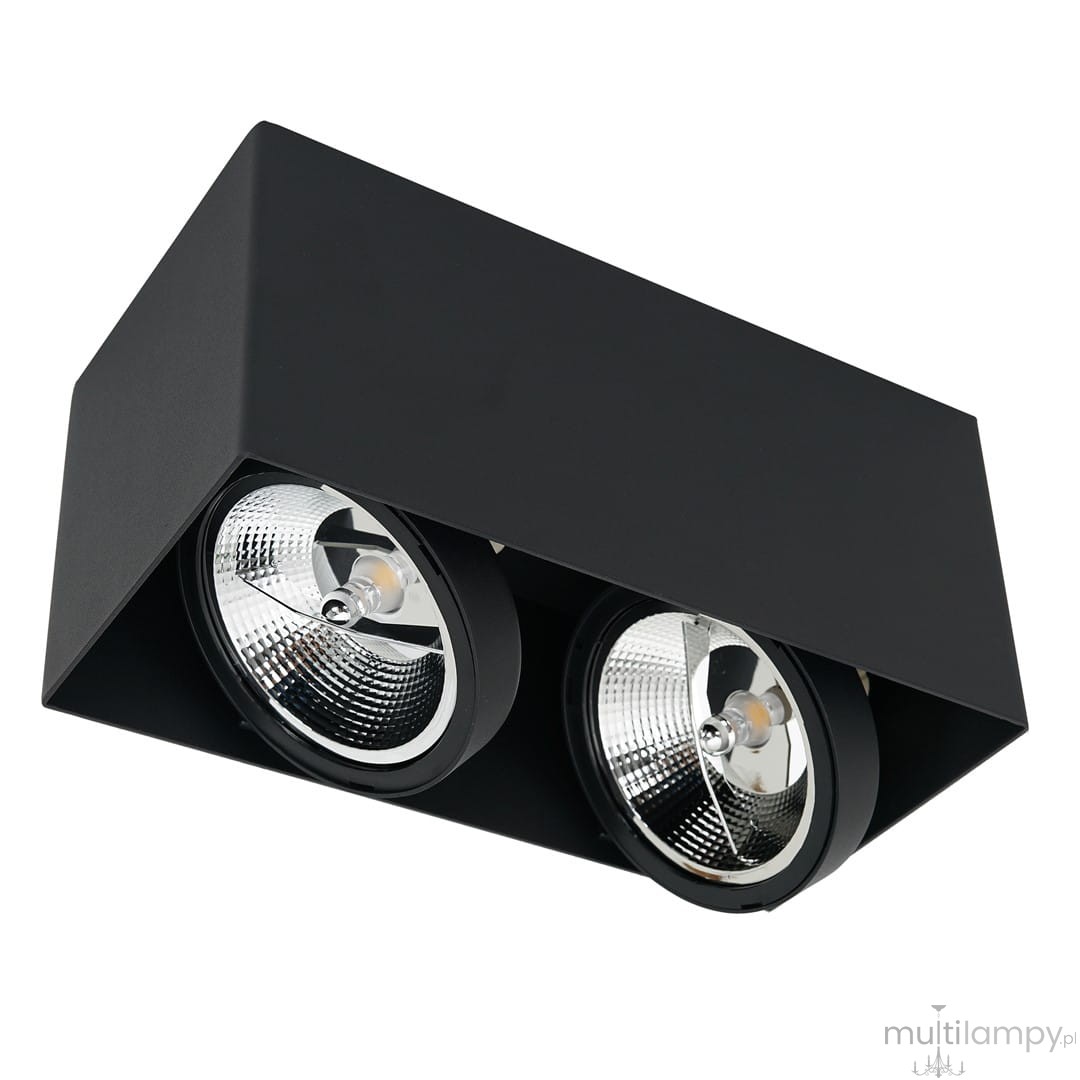 Lampa sufitowa 2-punktowa w kolorze czarnym z prostokątną obudową. Wyposażona w dwa ruchome reflektory z metalicznymi wykończeniami. Montaż sufitowy, idealna do oświetlenia wnętrz.