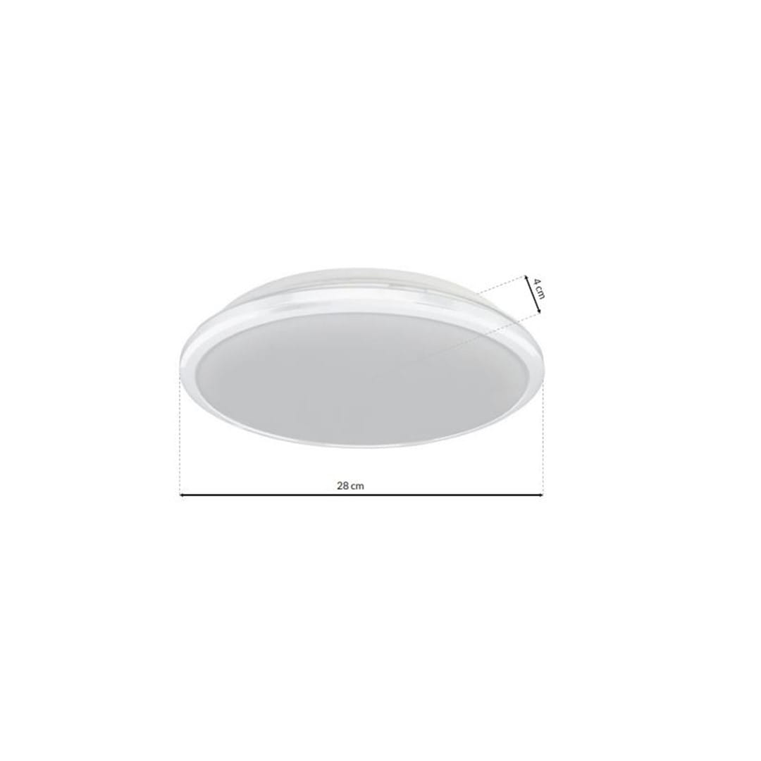 Plafon LED Terma D28 w kolorze białym o średnicy 28 cm i wysokości 4 cm. Produkt o mocy 18W, temperaturze barwowej 4000K, przeznaczony do użytku w pomieszczeniach o podwyższonej wilgotności (IP44).