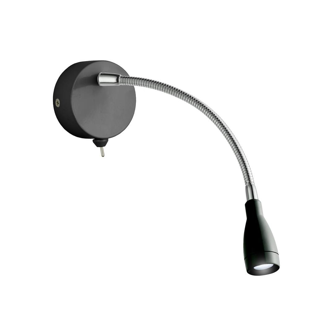 Czarny kinkiet Flexy Wall LED z chromowanym elastycznym ramieniem, montowany na ścianie. Okrągła podstawa z matowego metalu, zakończona wąskim kloszem, który kieruje światło w dół. Prosty design, idealny do oświetlenia punktowego.