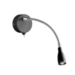 Czarny kinkiet Flexy Wall LED z chromowanym elastycznym ramieniem, montowany na ścianie. Okrągła podstawa z matowego metalu, zakończona wąskim kloszem, który kieruje światło w dół. Prosty design, idealny do oświetlenia punktowego.