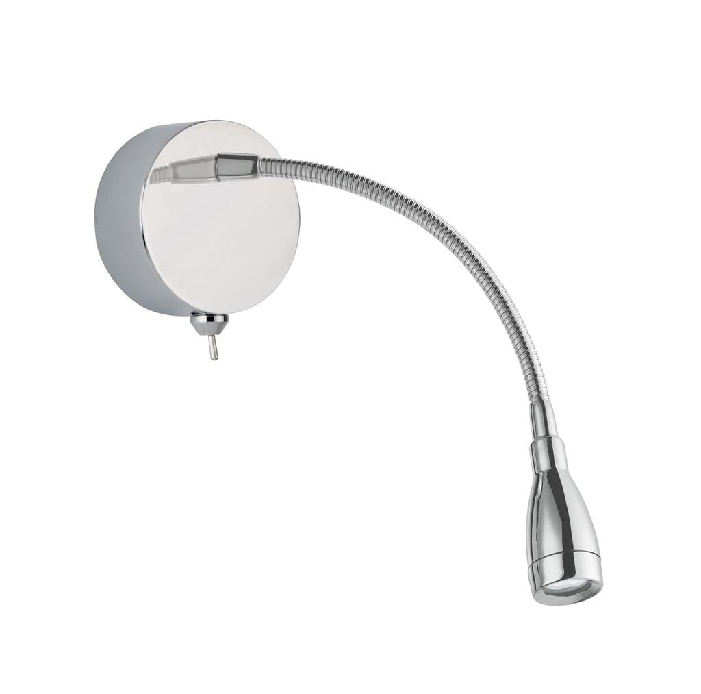 Kinkiet Flexy Wall LED 1-punktowy w kolorze chromu, z elastycznym ramieniem i okrągłą podstawą. Wbudowany włącznik na dole. Lampa ma nowoczesny, minimalistyczny design, idealna do różnych aranżacji wnętrz.
