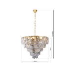 Lampa wisząca Chelsea 6-punktowa w kolorze złotym z kryształowymi elementami. Okrągły klosz o średnicy 50 cm, zawieszony na łańcuchu regulującym wysokość od 50 do 90 cm. Wysokość klosza to 40 cm, podkreślająca elegancki design.