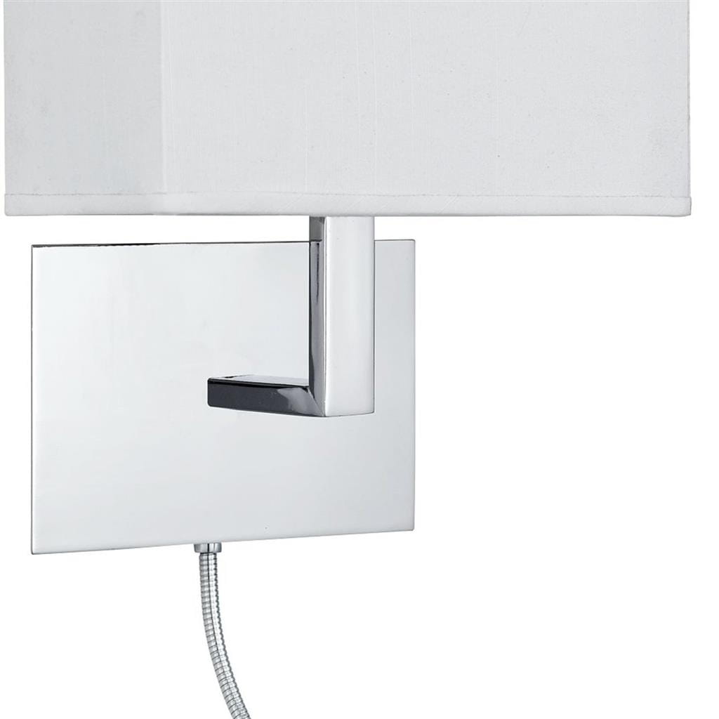 Kinkiet LED +E27 w kolorze chromu z białym abażurem, zamocowany na prostokątnej, lustrzanej podstawie. Widoczny kabel z przełącznikiem. Ujęcie z przodu, ukazujące detal i nowoczesny design.