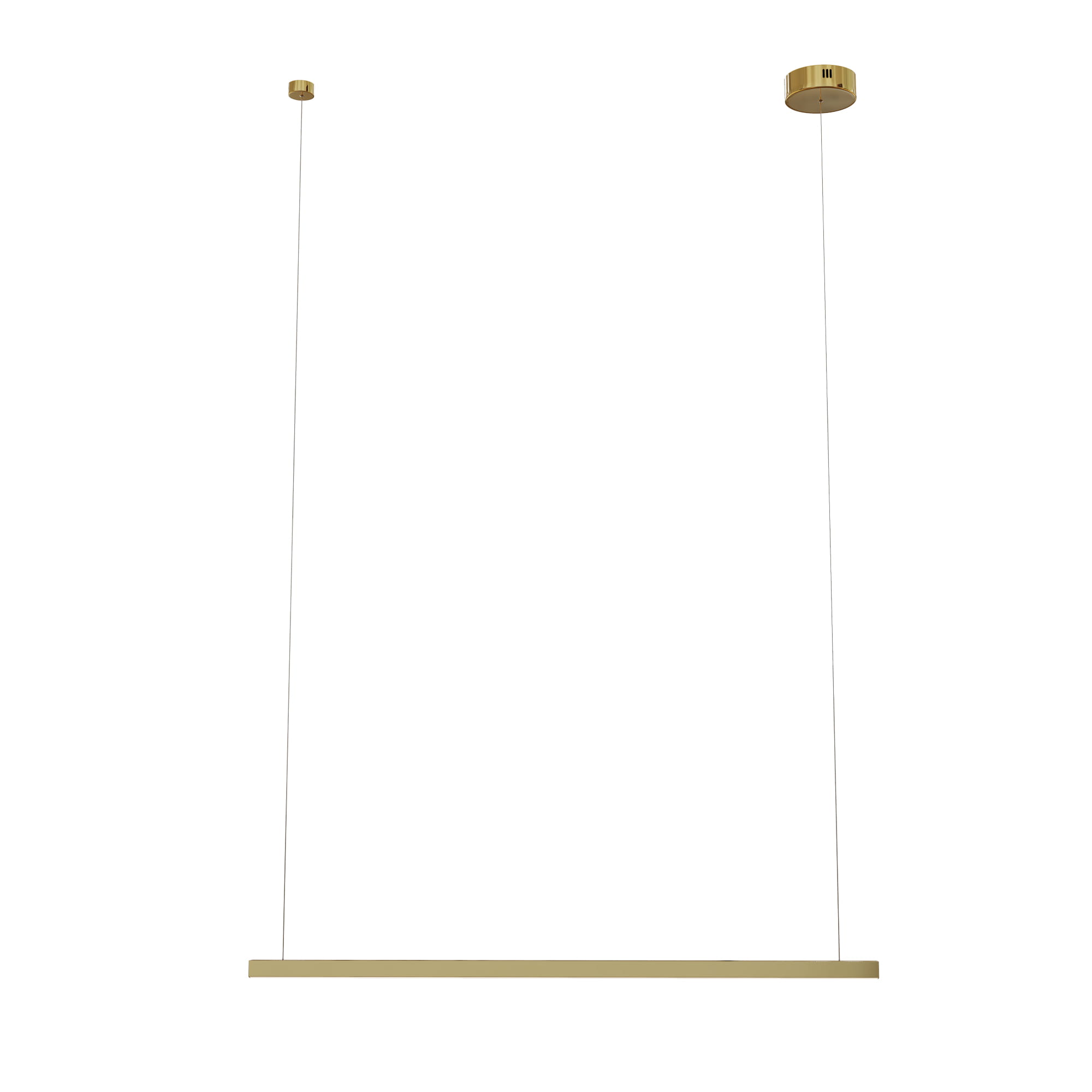 Lampa wisząca LED Trio P0475D w złotym, szczotkowanym wykończeniu. Posiada prostokątny, cienki korpus oraz okrągły sufitowy mocownik. Zawieszona na cienkich linkach, idealna do nowoczesnych wnętrz.