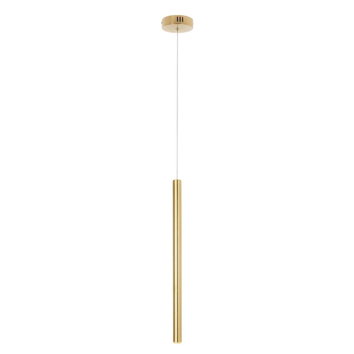 Złota szczotkowana lampa wisząca LED o prostokątnym kształcie, zawieszona na cienkim, przezroczystym przewodzie. Montaż sufitowy, minimalistyczny design, idealna do nowoczesnych wnętrz. Tło białe, co podkreśla elegancki wygląd lampy.