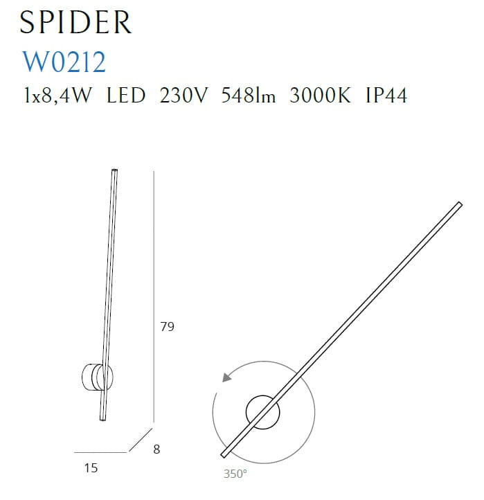 Czarny kinkiet Spider LED 1-punktowy o smukłej formie, z centralną podstawką, umożliwiający obrót o 350°. Wymiary: wysokość 79 cm, szerokość 15 cm, głębokość 8 cm. Źródło światła LED, moc 8,4 W, ciepła barwa 3000K.