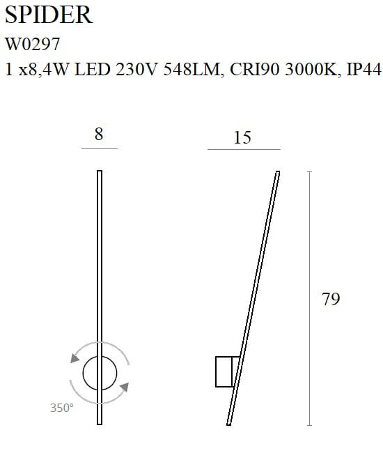 Kinkiet Spider LED 1-punktowy w kolorze złotym, o wymiarach 8 cm (szer.) x 15 cm (gł.) x 79 cm (wys.), z możliwością obrotu 350°. Wyposażony w 8,4W LED, 548LM, CRI90, 3000K, IP44. Prosty, nowoczesny design.