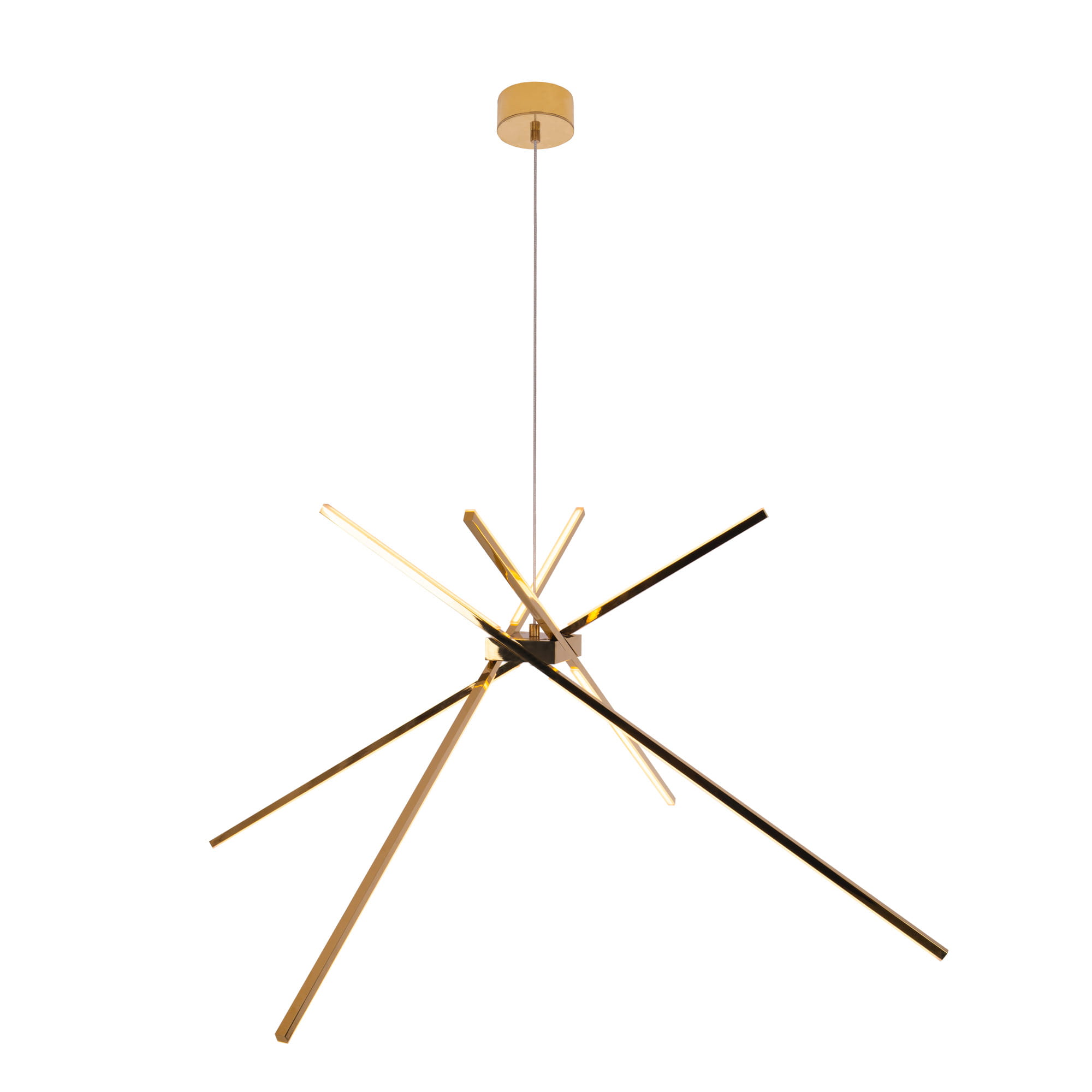 Złota lampa wisząca Spider LED z trzema punktami świetlnymi. Ułożona w dynamiczny, nowoczesny kształt, z długimi, cienkimi ramionami w kolorze złotym i czarnym. Zawieszona na cienkim przewodzie, zamontowana na okrągłej podstawie.