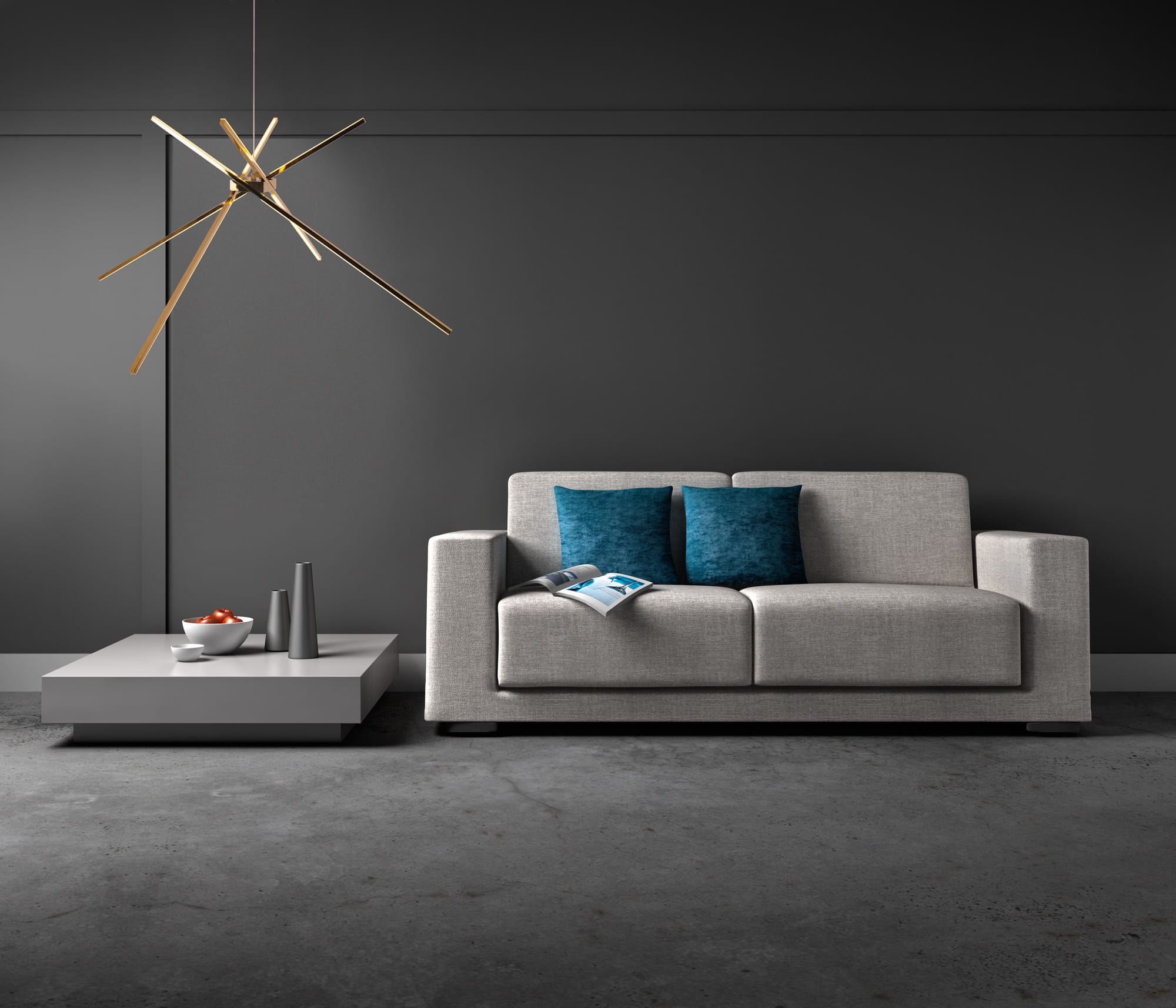 Lampa wisząca Spider LED 3-punktowa w kolorze złotym, z unikalnym kształtem składającym się z długich, asymetrycznych ramion. Zamontowana na cienkim przewodzie, znajduje się nad szarym sofą z niebieskimi poduszkami, w nowoczesnym wnętrzu.