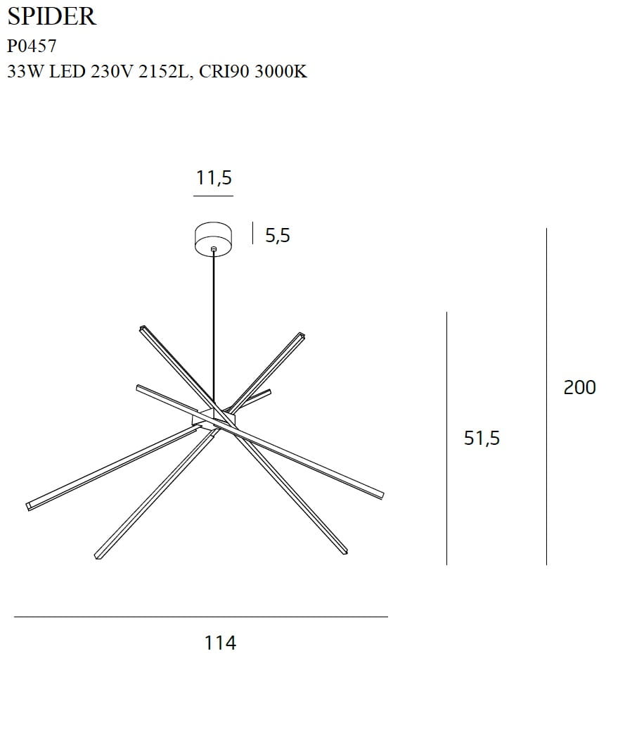 Lampa wisząca Spider LED 3-punktowa w kolorze złotym, o średnicy 114 cm i długości 200 cm. Posiada trzy ramiona, każdy o długości 51,5 cm, z centralnym mocowaniem. Wykonana z metalu, minimalistyczny design, idealna do nowoczesnych wnętrz.