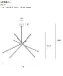 Lampa wisząca Spider LED 3-punktowa w kolorze złotym, o średnicy 114 cm i długości 200 cm. Posiada trzy ramiona, każdy o długości 51,5 cm, z centralnym mocowaniem. Wykonana z metalu, minimalistyczny design, idealna do nowoczesnych wnętrz.