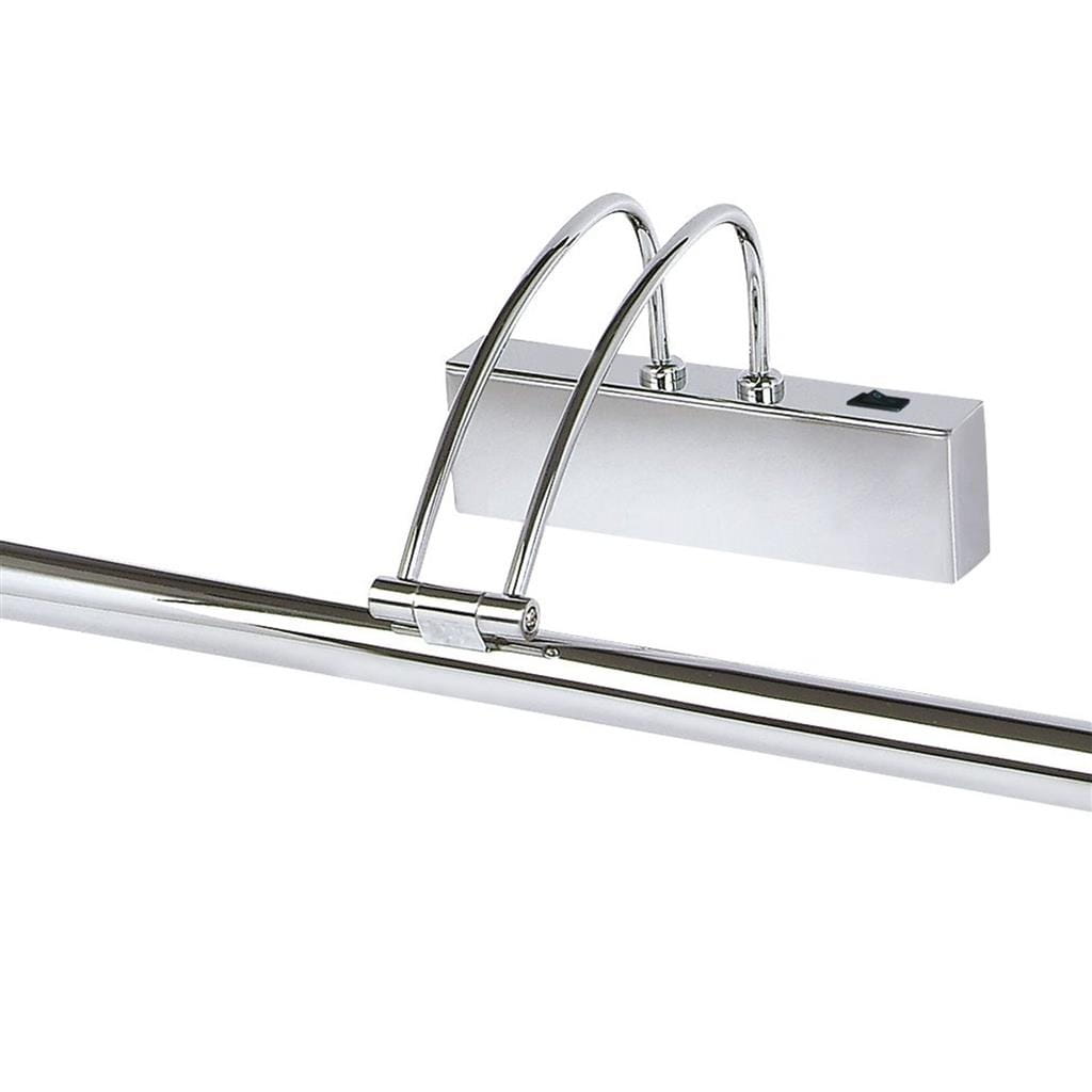 Majorca LED kinkiet obrazowy 1-punktowy w kolorze chrom. Produkt ma prostokątną podstawę z włącznikiem oraz zakrzywione ramiona, na których zamontowane jest źródło światła. Całość wykonana z błyszczącego metalu, idealna do oświetlenia obrazów.