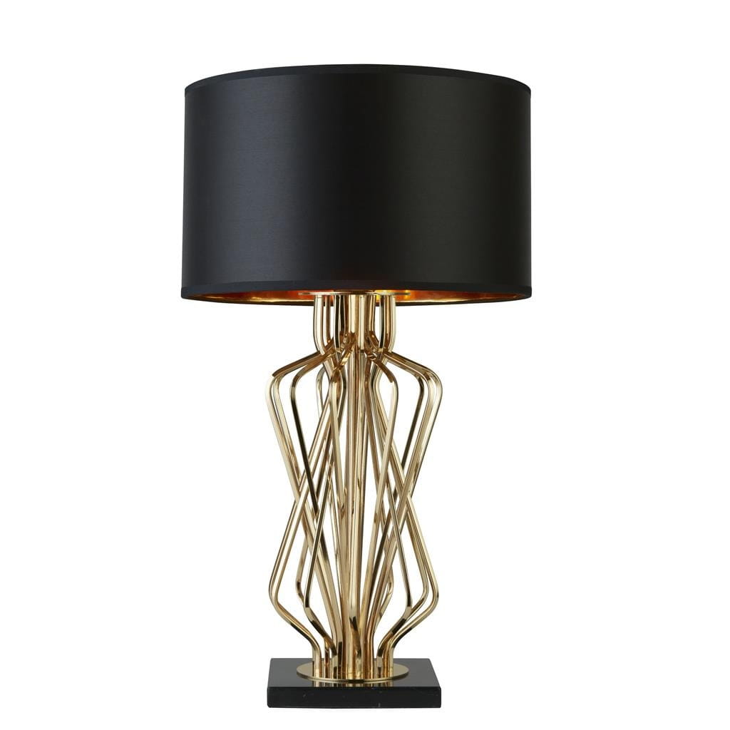 Lampa stołowa Ethan 1-punktowa w złotym kolorze z czarnym abażurem. Podstawa o dekoracyjnym, falistym kształcie z metalu, na kwadratowej podstawie. Abażur wykonany z materiału, zapewniający ciepłe światło.