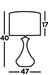 Lampa stołowa Touch 1-punktowa w kolorze satynowego srebra z białym abażurem. Wymiary: wysokość 40 cm, średnica abażuru 17 cm, szerokość podstawy 47 cm. Elegancki kształt z wyprofilowaną podstawą.