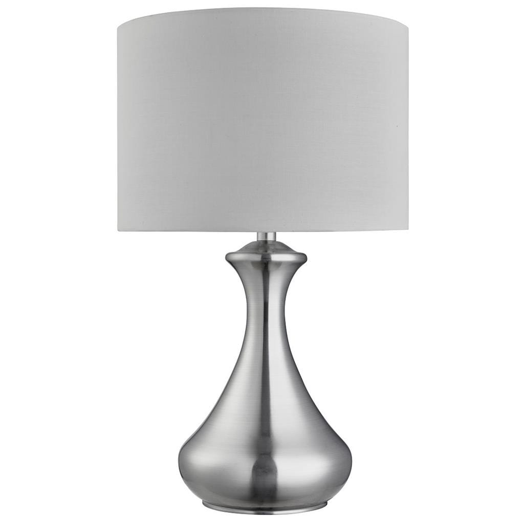 Lampa stołowa Touch 1-punktowa w satynowym srebrze z białym abażurem. Kształt waza, z wyraźnym połyskiem na powierzchni. Ujęcie frontalne, stojąca na podstawie, bez widocznych dodatkowych elementów.