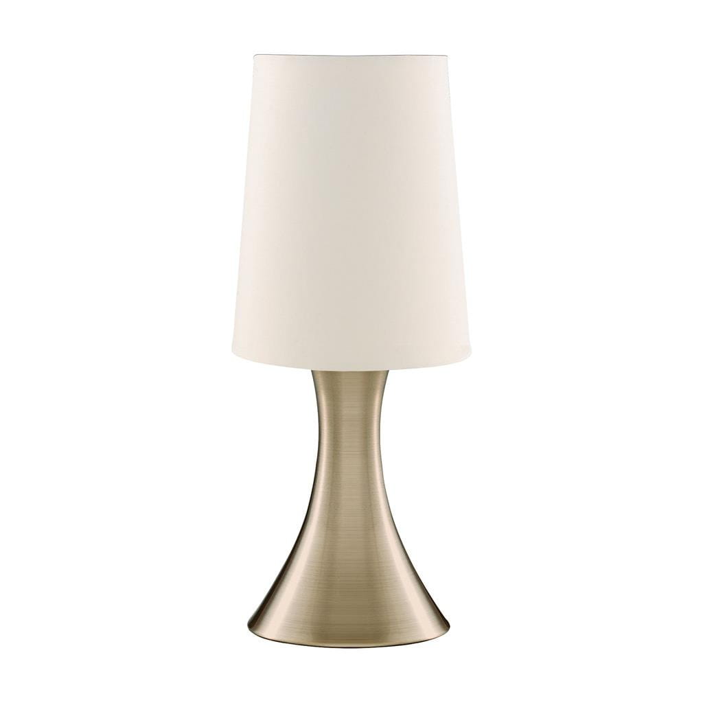 Lampa stołowa 1-punktowa w kolorze antycznego mosiądzu z białym abażurem, o smukłej, stożkowatej podstawie. Ujęcie frontalne, produkt stoi na płaskiej powierzchni. Idealna do użytku w domowych wnętrzach.