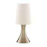 Lampa stołowa 1-punktowa w kolorze antycznego mosiądzu z białym abażurem, o smukłej, stożkowatej podstawie. Ujęcie frontalne, produkt stoi na płaskiej powierzchni. Idealna do użytku w domowych wnętrzach.