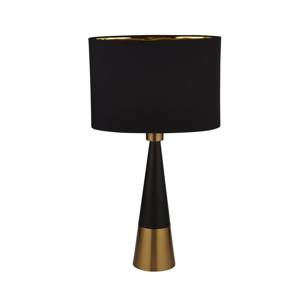 Lampa stołowa Chloe 1-punktowa w kolorze antycznej miedzi i czerni. Posiada stożkowaty, czarny korpus oraz okrągły, czarny klosz z złotym wykończeniem wewnętrznym. Ujęcie frontalne, lampa stoi na płaskiej powierzchni.