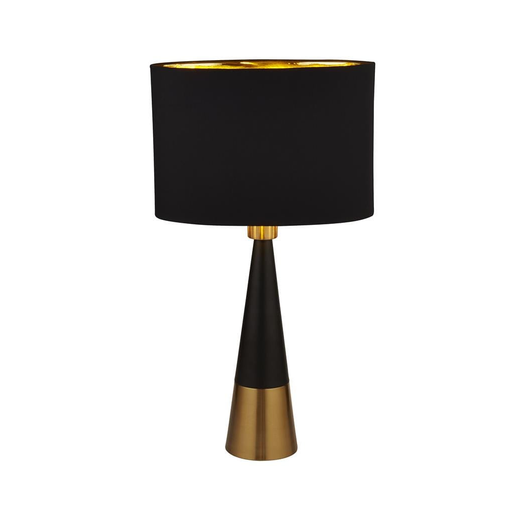 Lampa stołowa Chloe 1-punktowa w kolorze czarnym z abażurem i antyczną miedzianą podstawą. Kształt stożkowy, z matowym czarnym wykończeniem i błyszczącym złotym wnętrzem abażura. Stoi na płaskiej powierzchni, prezentując elegancki design.