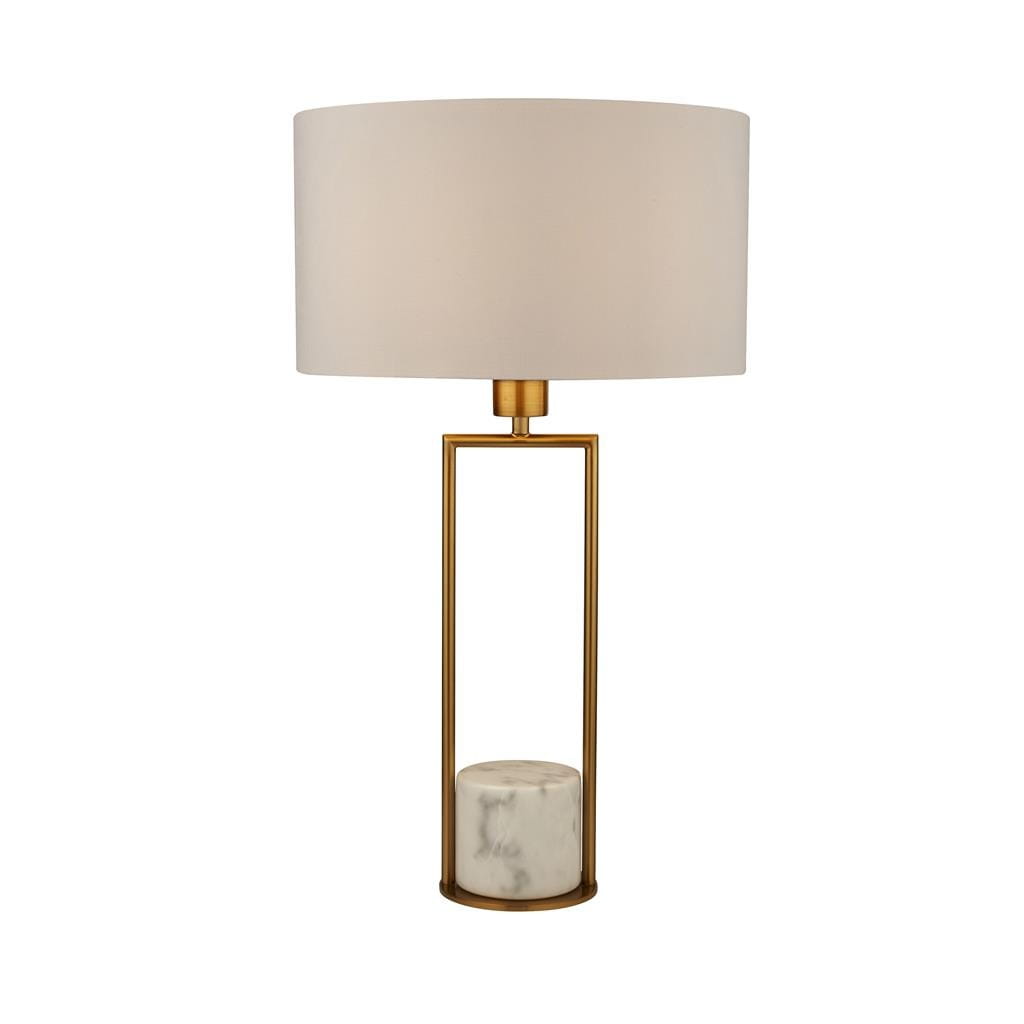 Lampa stołowa Claire 1-punktowa z złotą metalową podstawą w kształcie prostokąta, z okrągłym, białym abażurem oraz marmurowym detalem u podstawy. Ujęcie frontalne, stojąca na jednolitym tle.