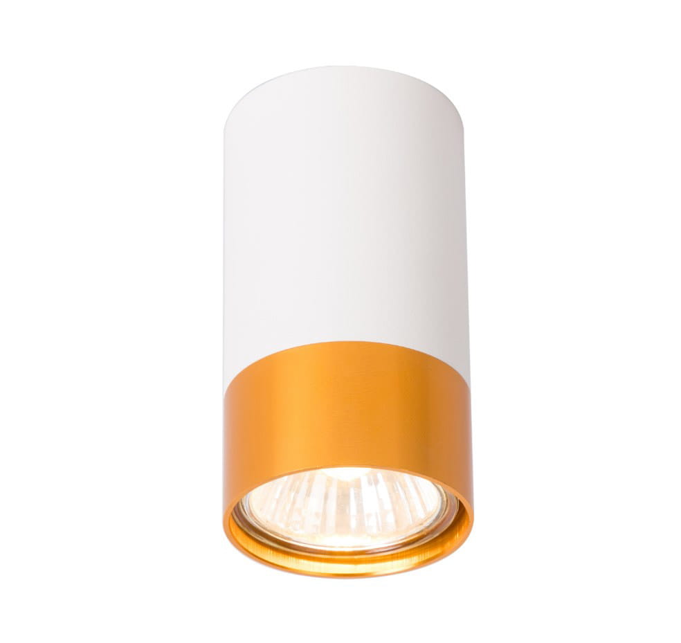 Lampa sufitowa Klemens w kształcie tuby, biała z dolnym złotym akcentem. Ujęcie z dołu, ukazujące źródło światła GU10. Metaliczna powierzchnia, elegancki design, idealna do nowoczesnych wnętrz.