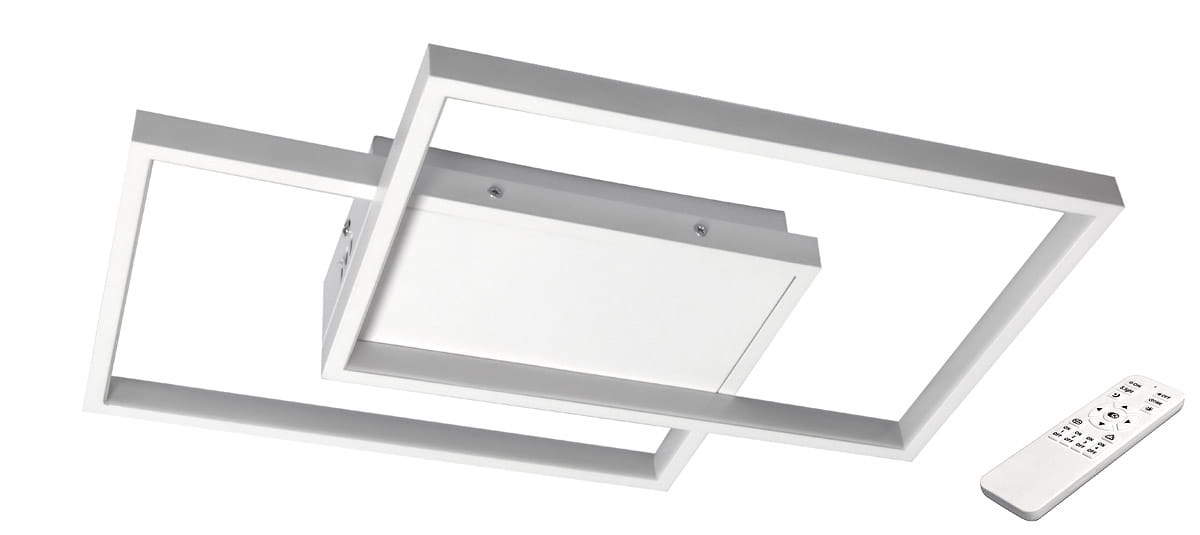 Lampa sufitowa Galaxis Polaris LED 45W w białym kolorze, 2-punktowa, z kwadratowym kloszem i prostokątnymi ramkami. W zestawie pilot do zdalnego sterowania. Produkt zamontowany na suficie, widok z boku.