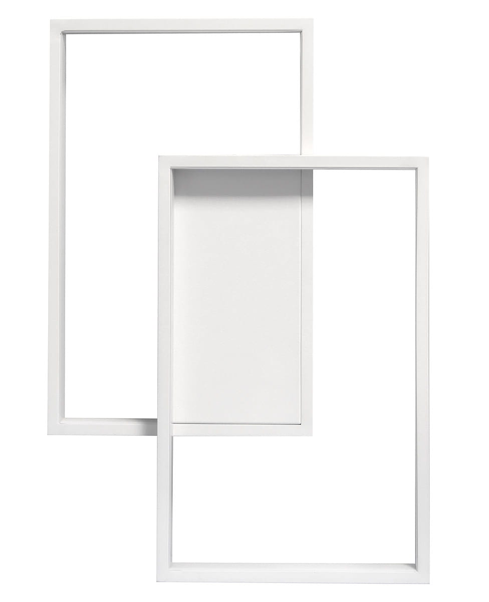 Lampa sufitowa Galaxis Polaris LED 45W w kolorze białym, dwupunktowa, z pilotem. Widoczne są dwa prostokątne ramki w białym kolorze, prezentujące minimalistyczny design. Produkt ukazany frontalnie, na jednolitym tle.