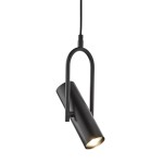 Czarna lampa wisząca Telescope, 1-punktowa, o cylindrycznym kształcie. Ujęcie z boku, zawieszona na cienkim przewodzie. Z jednej strony widoczny jest otwór, przez który wydobywa się światło. Materiał metalowy, matowa powierzchnia.