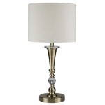 Lampa stołowa Oscar 1-punktowa w antycznym mosiądzu. Posiada smukłą podstawę z teksturowanego metalu i szklany detal w kształcie kuli, zakończona białym kloszem z tkaniny w kształcie walca. Ustawiona na okrągłej podstawie.