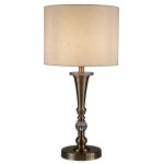 Lampa stołowa Oscar 1-punktowa w antycznym mosiądzu, z okrągłą podstawą i smukłym, zwężającym się korpusem. Posiada tekstylny klosz w jasnym kolorze, który rozprasza światło, idealna do aranżacji wnętrz.