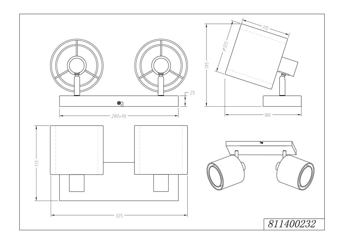 Czarna lampa sufitowa Burton 2-punktowa z okrągłymi reflektorami na ruchomej podstawie. Wymiary: długość 325 mm, szerokość 90 mm, wysokość 195 mm. Reflektory ustawione na wsporniku, możliwość regulacji kierunku światła.