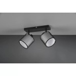 Czarna lampa sufitowa Burton z dwoma punktami świetlnymi, umieszczona na prostokątnej podstawie. Każdy klosz ma szaro-srebrzystą teksturę i okrągły kształt, skierowane w dół. Produkt zamontowany na gładkim, ciemnym tle.