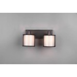 Czarna lampa sufitowa (spot) Burton z dwoma punktami świetlnymi, każdy z okrągłym kloszem w jasnym kolorze, z widocznym metalowym uchwytem. Produkt zamontowany na prostokątnej podstawie, na jednolitym tle.