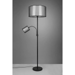 Burton lampa podłogowa 2-punktowa w kolorze czarnym. Główna lampa z szerokim, cylindrycznym kloszem oraz dodatkowa lampa o ruchomym ramieniu. Stojąca konstrukcja na okrągłej podstawie, przewód zasilający widoczny na podłodze. Tło w odcieniach szarości.