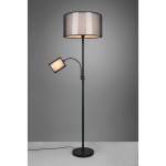 Lampa podłogowa Burton 2-punktowa w kolorze czarnym. Posiada okrągły klosz z przezroczystym wykończeniem oraz dodatkową, ruchomą lampkę w formie prostokątnej, umieszczoną na giętym ramieniu. Stojąca, z okrągłą podstawą.