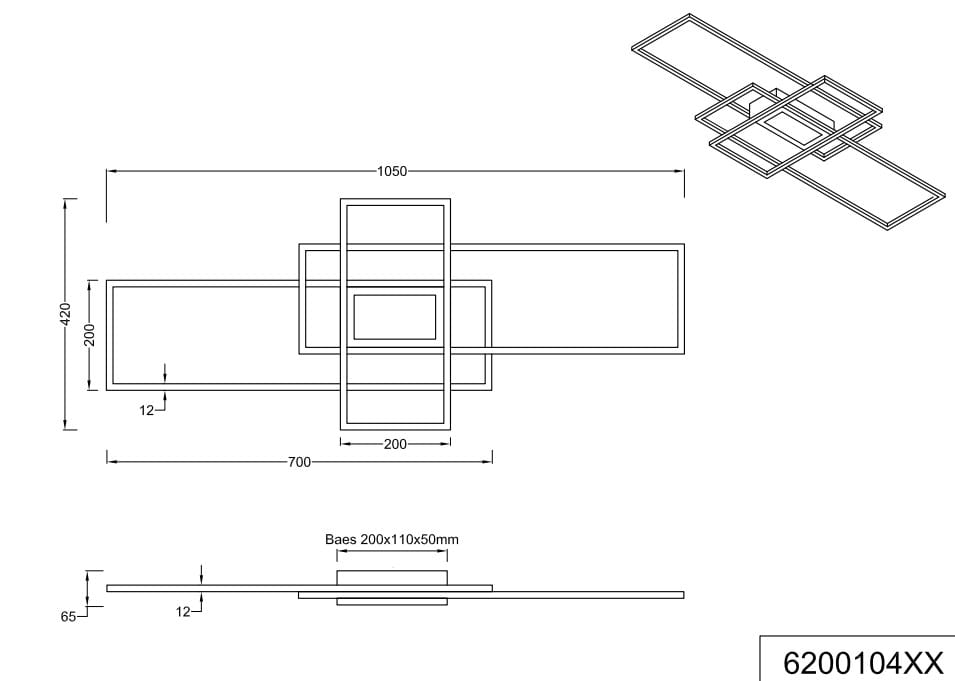 Antracytowa lampa sufitowa Irvine LED 4-punktowa z pilotem, o nowoczesnym designie. Wymiary: 1050 mm x 420 mm x 65 mm. Widok z góry, prezentujący kształt prostokątny z elementami w formie kwadratów.