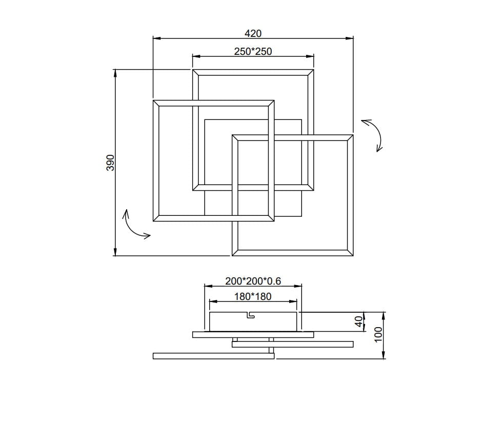 Mobile LED lampa sufitowa 3-punktowa w kolorze białym, z pilotem. Kształt prostokątny, składający się z trzech nachodzących na siebie elementów. Wymiary: 420 mm szerokości, 390 mm wysokości, 100 mm głębokości. Prosty, nowoczesny design.