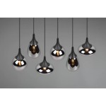 Lampa wisząca Lumina 6-punktowa w kolorze czarnym i chromowanym, składająca się z sześciu różnorodnych kloszy w formach kropli i kul, zawieszona na cienkich linkach na szarym tle.