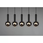 Lampa wisząca Clayton 5-punktowa w kolorze czarnym. Składa się z pięciu kulistych kloszy w odcieniu ciemnego szkła, zawieszonych na cienkich czarnych linkach, z widocznymi źródłami światła. Klosze mają cylindryczne uchwyty.