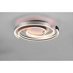 Caya LED lampa sufitowa 2-punktowa w kolorze aluminium i czarnym, o stylowym, spiralnym kształcie. Widoczna miękka, ciepła iluminacja otacza centralny, okrągły element, zamontowana na suficie. Idealna do nowoczesnych wnętrz.