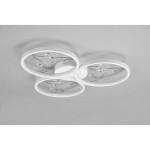 Biała lampa sufitowa Groovy 4000K z trzema okrągłymi kloszami, umieszczona na suficie. Każdy klosz ma wbudowane diody LED oraz dekoracyjne elementy błyszczące. Widok z dołu, ukazujący elegancki design i rozmieszczenie źródeł światła.