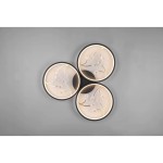 Czarna lampa sufitowa LED Groovy 3000K, składająca się z trzech okrągłych punktów świetlnych. Każdy punkt ma wbudowane delikatne wzory roślinne na mlecznym tle, otoczone cienką, czarną ramką. Ujęcie z góry, na szarym tle.