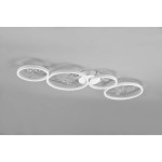 Biała lampa sufitowa LED Groovy 4000K z czterema okrągłymi punktami świetlnymi. Elementy oświetleniowe umieszczone na metalowej podstawie, z przezroczystymi dekoracjami. Ujęcie z góry, na jednolitym tle, prezentujące nowoczesny design.