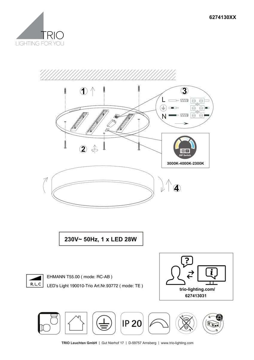 Plafon Waco LED D31 w kolorze białym, okrągły kształt, z jedną oprawą LED 28W. Widok z góry, montowany do sufitu, z detalami połączeń elektrycznych i przełącznikami do regulacji barwy światła (3000K-4000K-2300K).