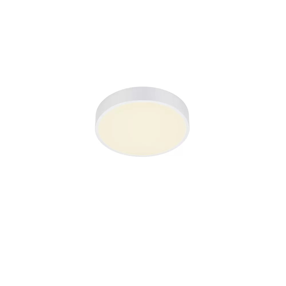 Plafon Waco LED D31 w kolorze białym, o okrągłym kształcie, zamontowany na suficie. Posiada gładką, matową powierzchnię oraz jasne, ciepłe światło emitowane przez centralną, lekko zaokrągloną część.