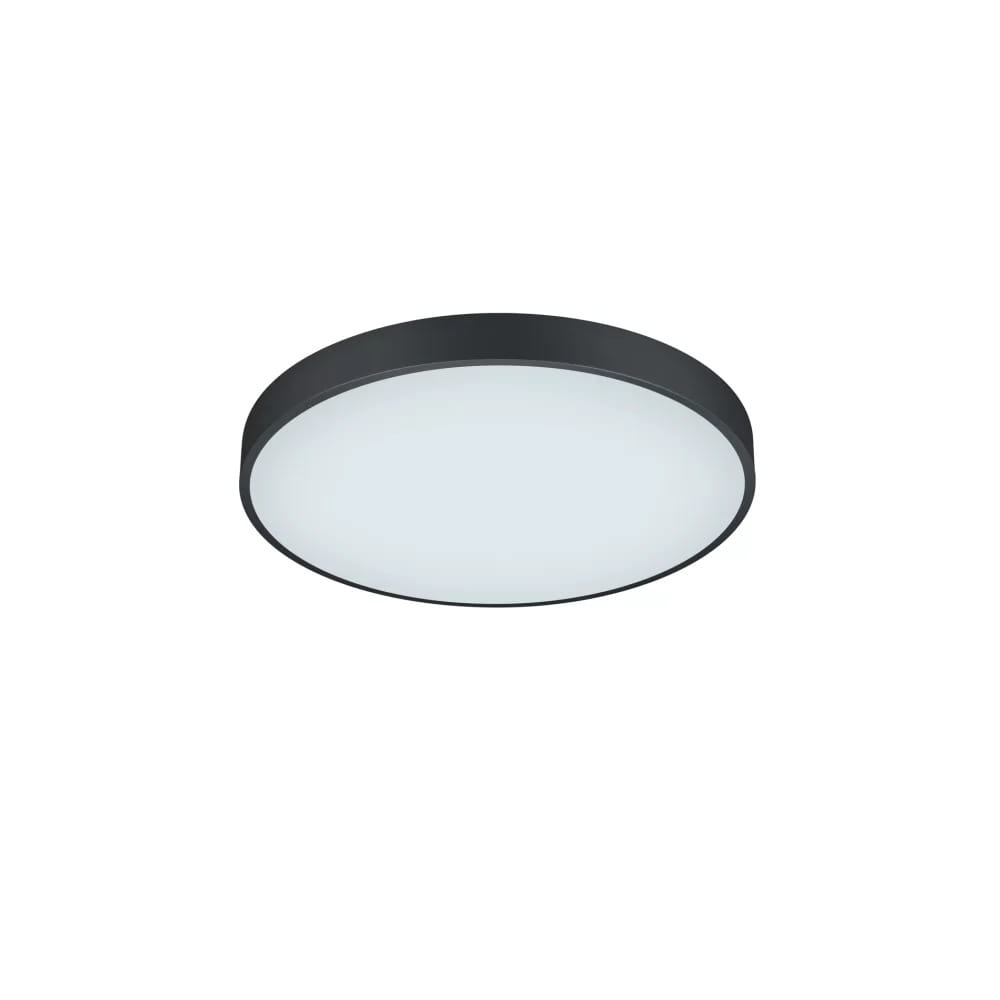 Plafon Waco LED D49,5 w kolorze czarnym, okrągły, o płaskim kształcie. Zainstalowany na suficie, z białym, matowym kloszem, który równomiernie rozprasza światło. Prosty design, idealny do nowoczesnych wnętrz.