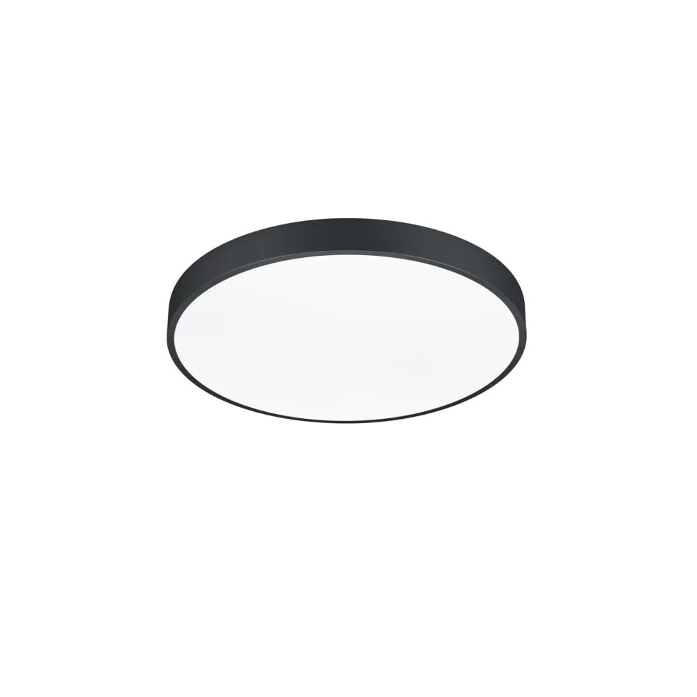 Plafon Waco LED D49,5 w czarnym kolorze, okrągły, z białą matową osłoną. Ułożony w pozycji wiszącej, z prostym designem, idealny do nowoczesnych wnętrz. Średnica wynosi 49,5 cm.