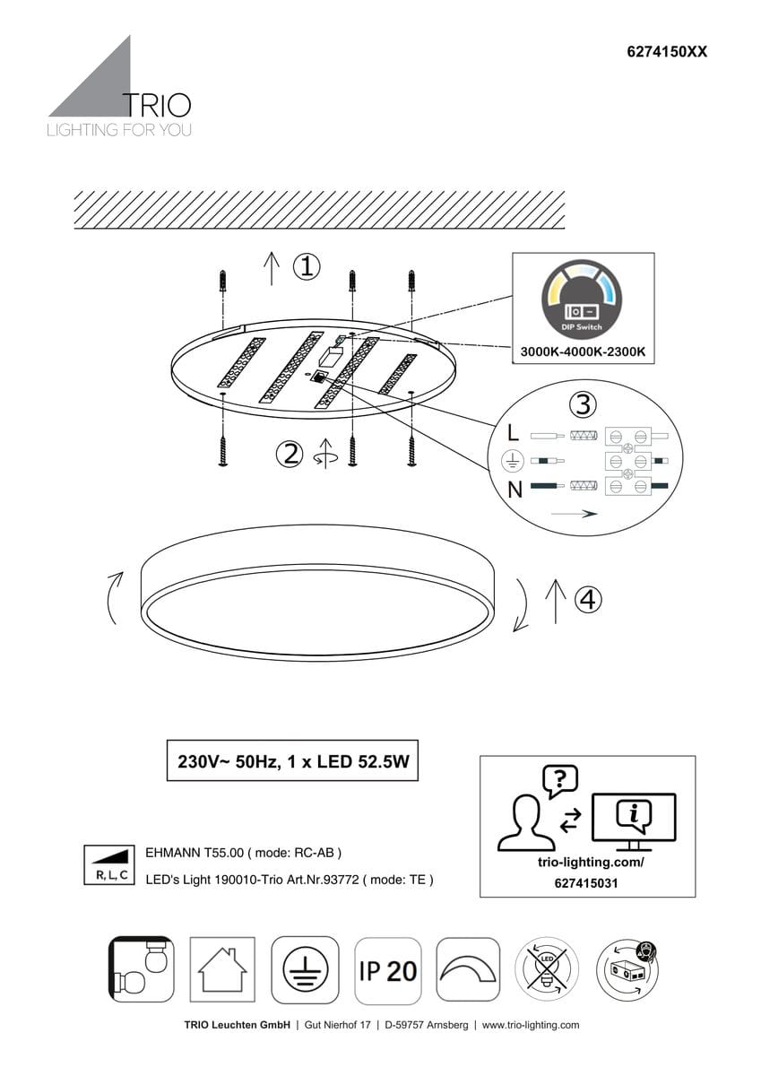 Czarny plafon Waco LED D49,5, jednostkowy, okrągły, wykonany z metalu, z wbudowanym źródłem światła LED 52,5 W. Widok z boku, pokazujący montaż na suficie oraz oznaczenia dotyczące napięcia i barwy światła (3000K-4000K-2300K).