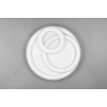 Biała lampa sufitowa LED 3-punktowa Mita z pilotem, składająca się z trzech okrągłych elementów o różnych średnicach. Ułożona płasko na szarym tle, prezentuje minimalistyczny design.