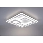 Biała lampa sufitowa LED 3-punktowa Mita z pilotem, o kwadratowym kształcie z dwoma wycięciami. Produkt zamontowany na suficie, z nowoczesnym, minimalistycznym designem. Jasne źródło światła.